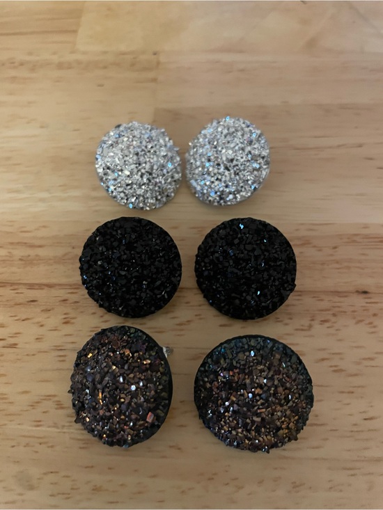 Jewelry - Set of 3 Sparkle Druzy Stud Earrings - Silver, Black, Brown Iridescent
